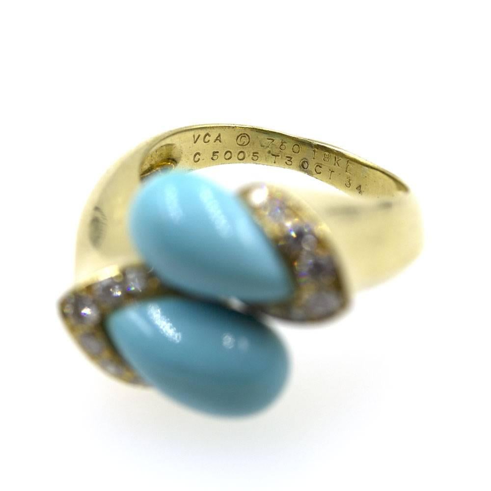 1960s Van Cleef & Arpels Turquoise Diamond Gold Bypass Ring In Excellent Condition In Boca Raton, FL