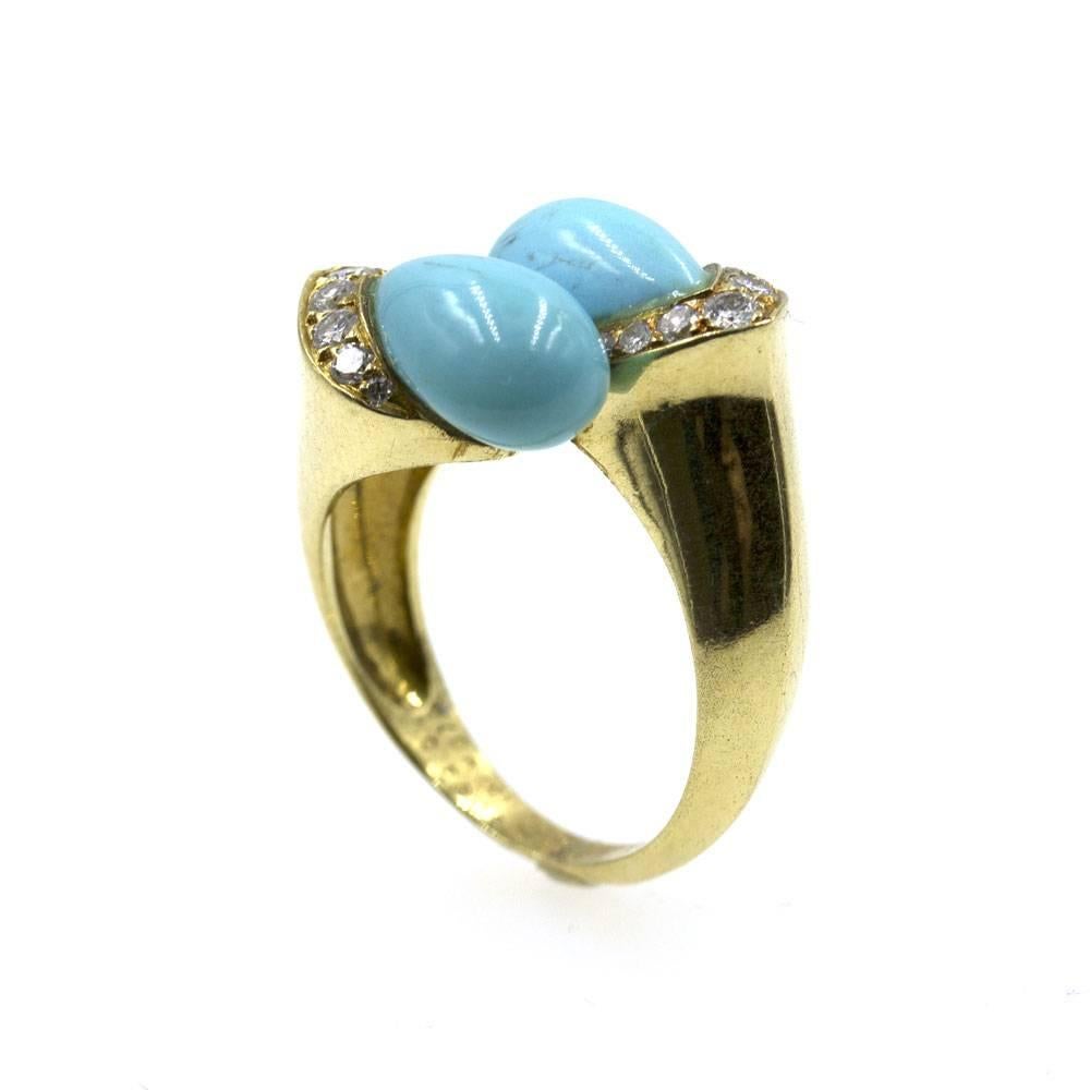 Modern 1960s Van Cleef & Arpels Turquoise Diamond Gold Bypass Ring