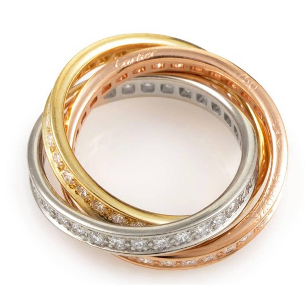 Round Cut Cartier Trinity Diamond Tri-Color Gold Band Ring 