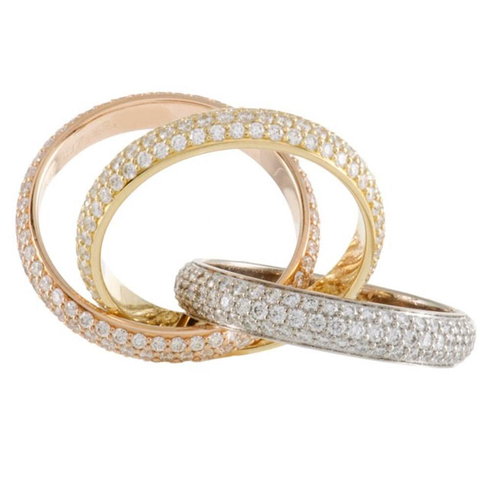 Modern Cartier Trinity Pave Diamond Tri-Color 18 Karat Gold Ring Size 6 Box and Papers