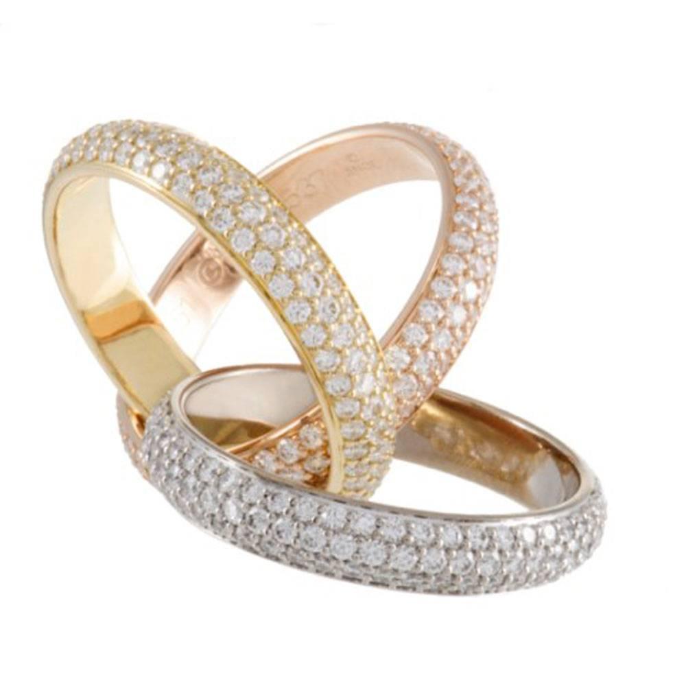 Cartier Trinity Pave Diamond Tri-Color 18 Karat Gold Ring Size 6 Box and Papers In Excellent Condition In Boca Raton, FL