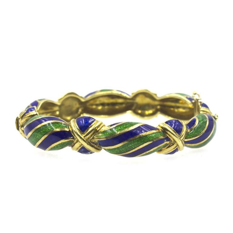 Vintage Tiffany and Co. Blue Green Enamel 18 Karat Yellow Gold Bangle ...