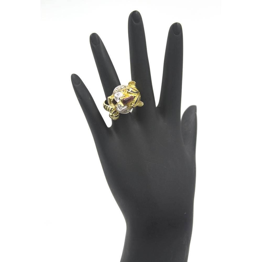 Modern 1970's Diamond Enamel 18 Karat Yellow Gold Tiger Ring