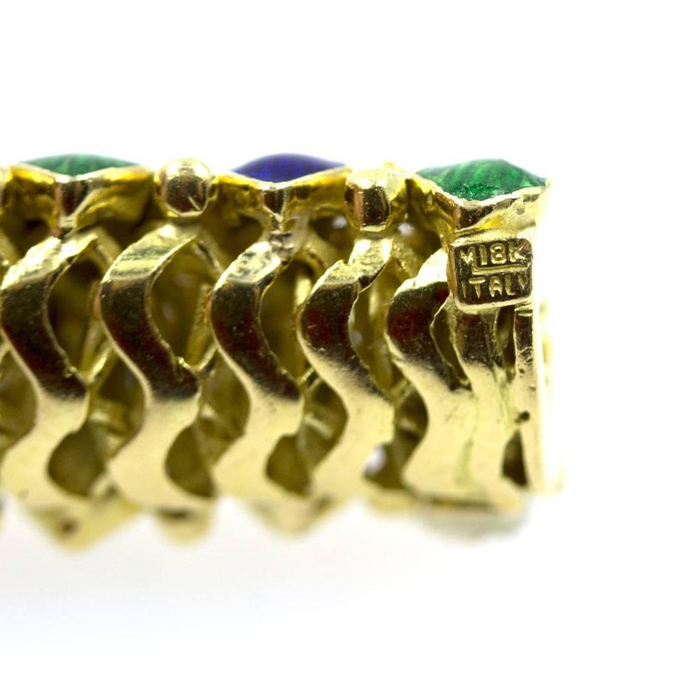 Women's Italian Diamond Enamel 18 Karat Yellow Gold  Flexible Bracelet