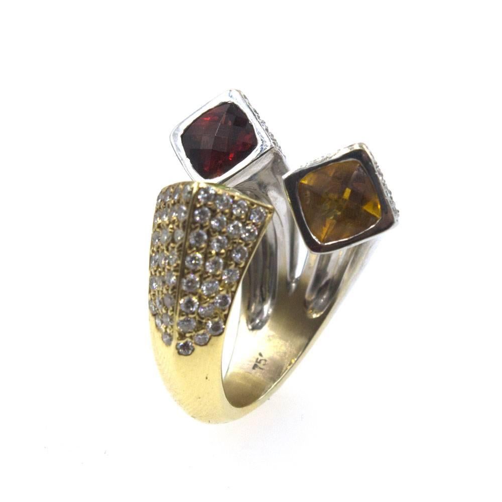 Vintage Diamond Citrine Garnet Peridot 18 Karat Two-Tone Gold Fashion Ring In Excellent Condition In Boca Raton, FL