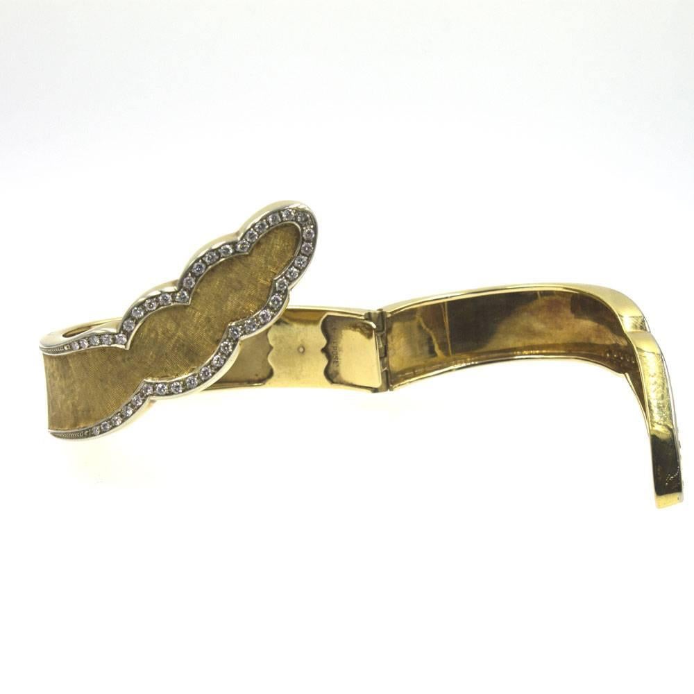 Modern 1970's Diamond 18 Karat Yellow Brushed Gold Bypass Bangle Bracelet