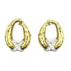 Hammered Yellow Gold Diamond X Oval Earrings