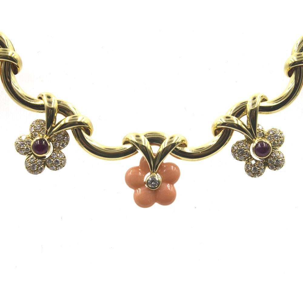 Contemporary French Coral Ruby Diamond Yellow Gold Floral Necklace