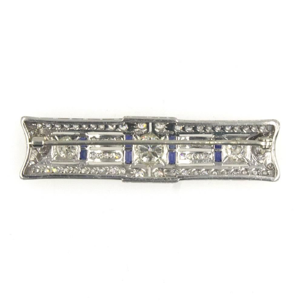 Women's or Men's Art Deco Diamond Sapphire Platinum Brooch Pin