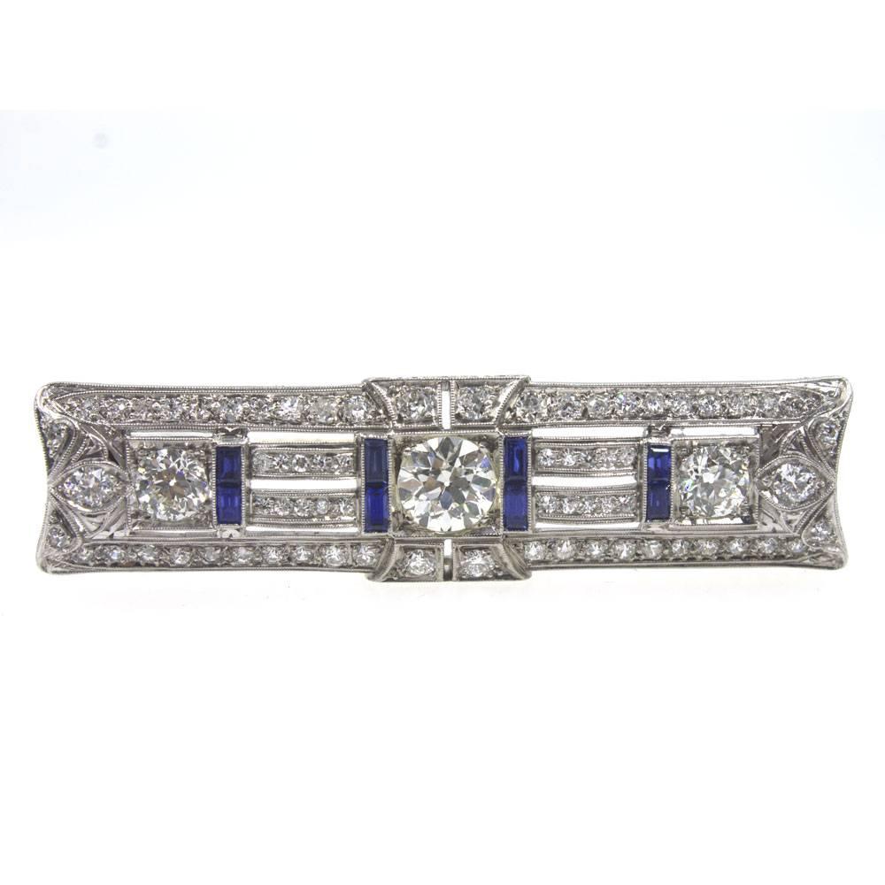 Art Deco Diamond Sapphire Platinum Brooch Pin In Excellent Condition In Boca Raton, FL