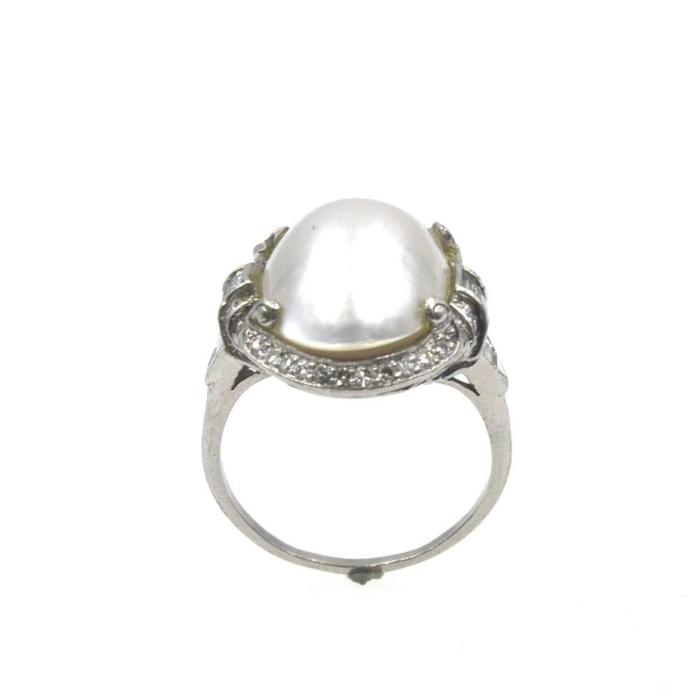 Art Deco Mabe Pearl Diamond Platinum Ring