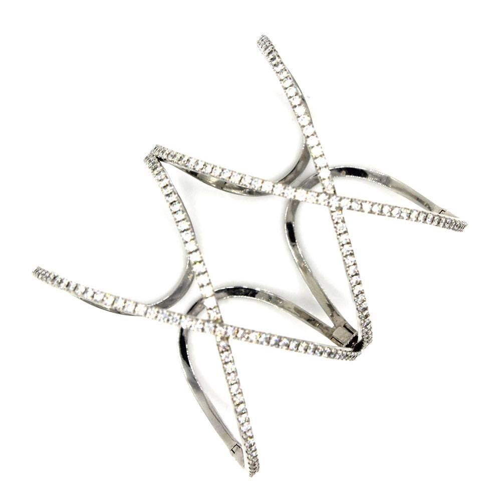 Modern Diamond White Gold Double X Wide Cuff Designer Bracelet