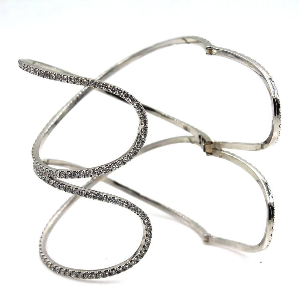  Modern Diamond White Gold Double X Wide Cuff Designer Bracelet In Excellent Condition In Boca Raton, FL