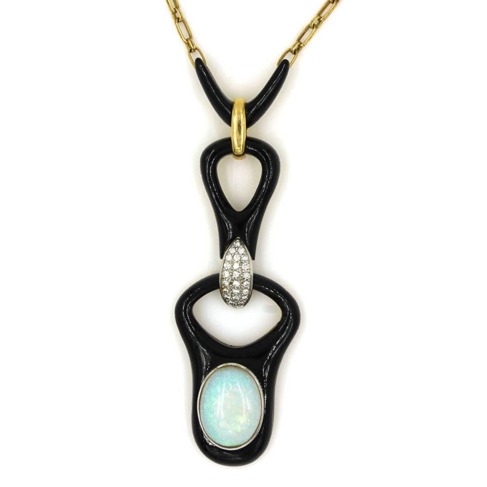 Women's Onyx Opal Diamond Yellow Gold Pendant Necklace