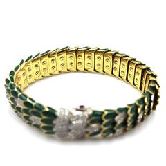 Roberto Coin Green Enamel Diamond Gold Snake Bracelet