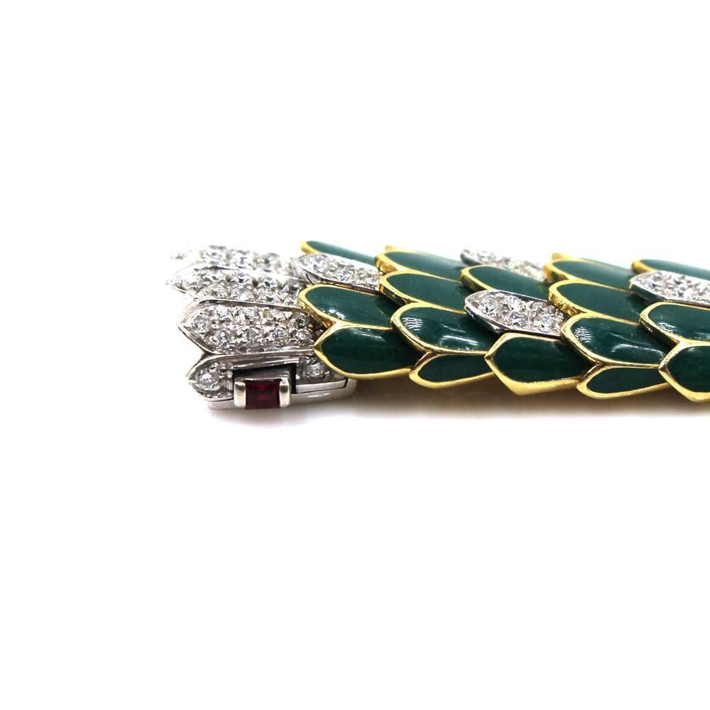 Modern Roberto Coin Green Enamel Diamond Gold Snake Bracelet