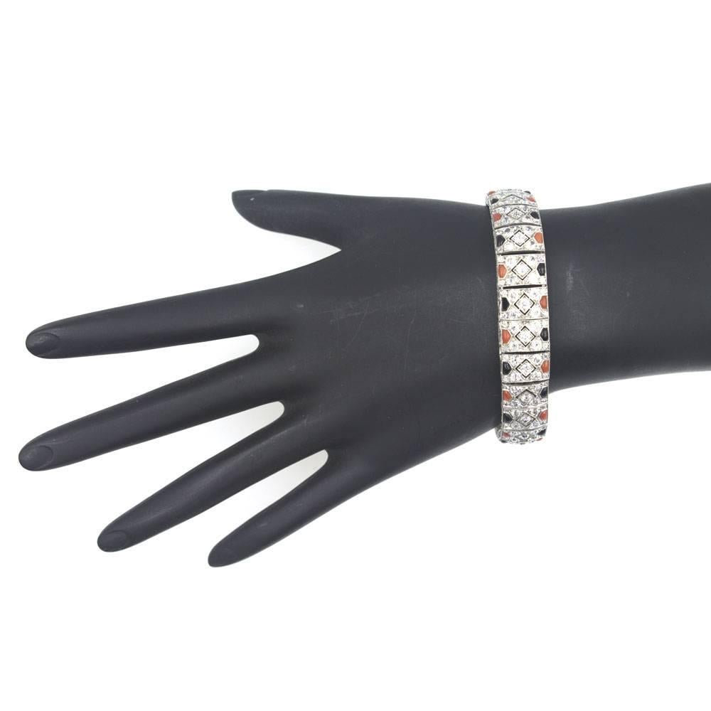 Women's Art Deco Diamond Coral Onyx Platinum Bracelet
