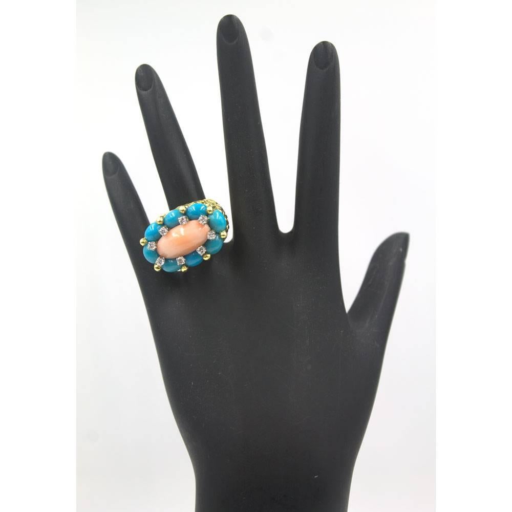 1960s Coral Turquoise Diamond Ring 1