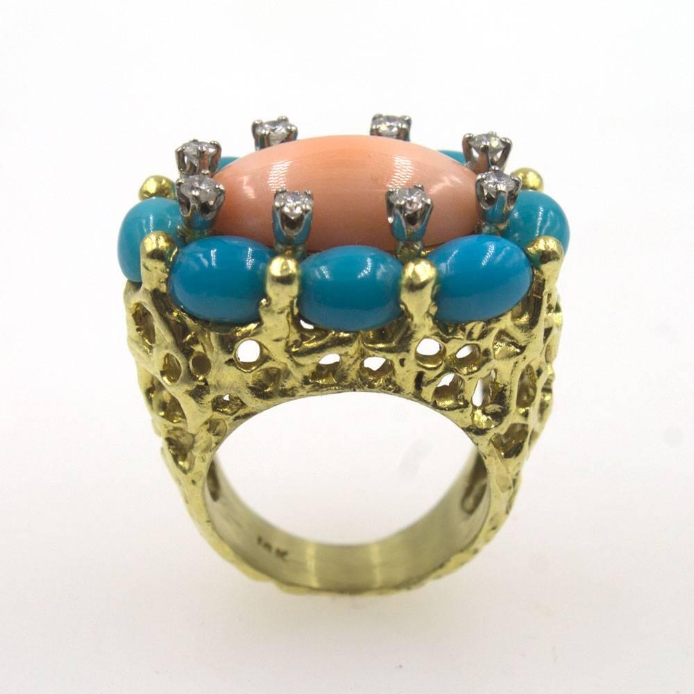 1960s Coral Turquoise Diamond Ring In Excellent Condition In Boca Raton, FL