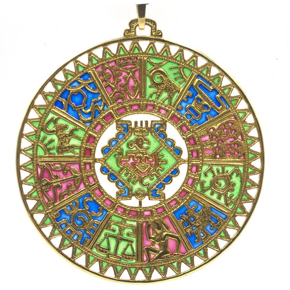 This fabulous plique a jour pendant features all the zodiac signs in a round design. Fashioned in 18 karat yellow gold, the colorful pendant measures 2.2 inches (65mm) in diameter. 