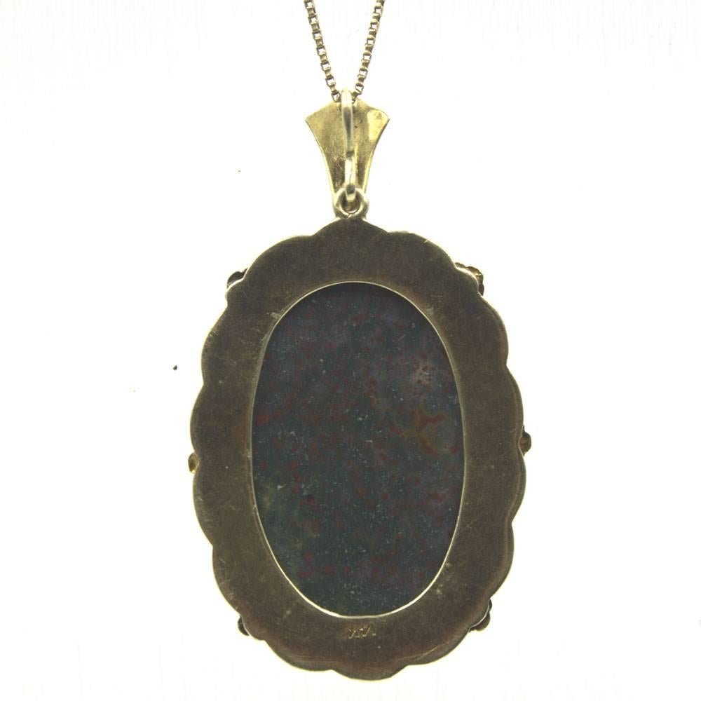 Women's Antique Bloodstone Seed Pearl Enamel Gold Pendant Necklace