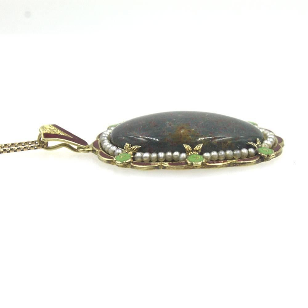 Antique Bloodstone Seed Pearl Enamel Gold Pendant Necklace 1