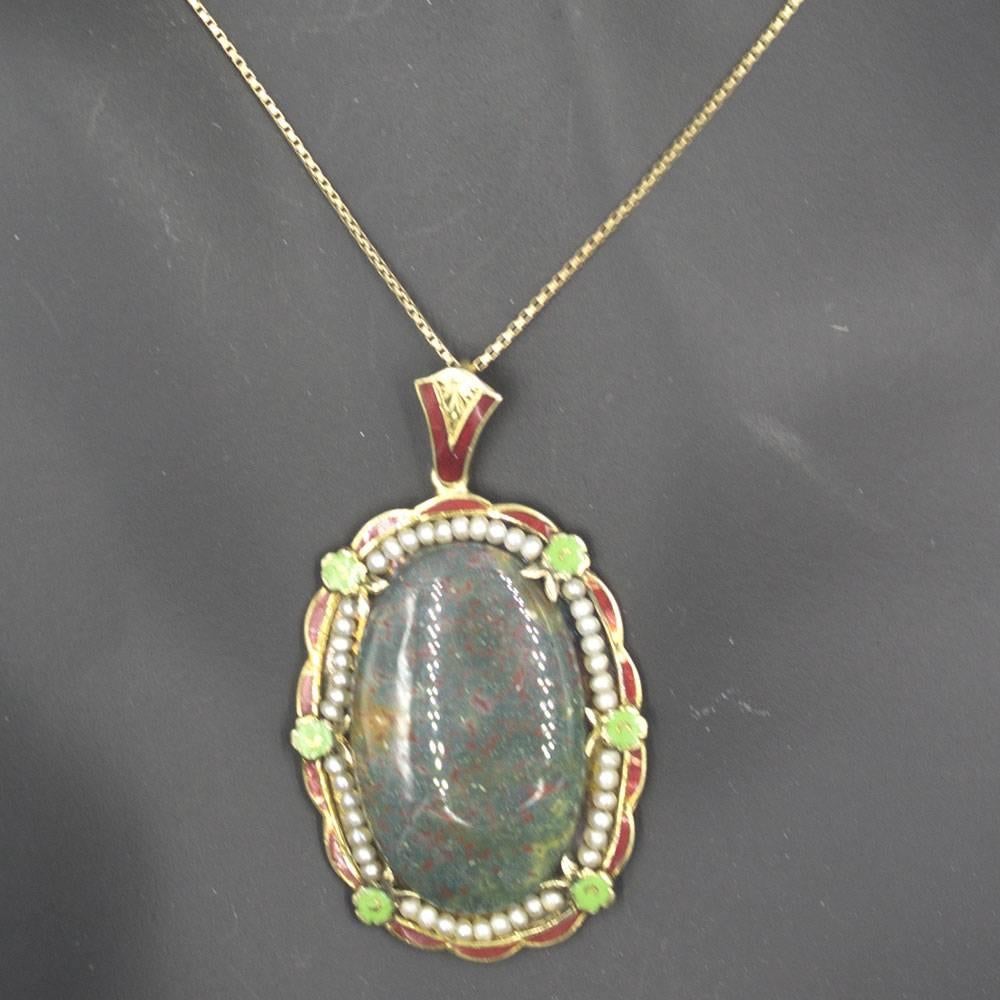 Antique Bloodstone Seed Pearl Enamel Gold Pendant Necklace 2