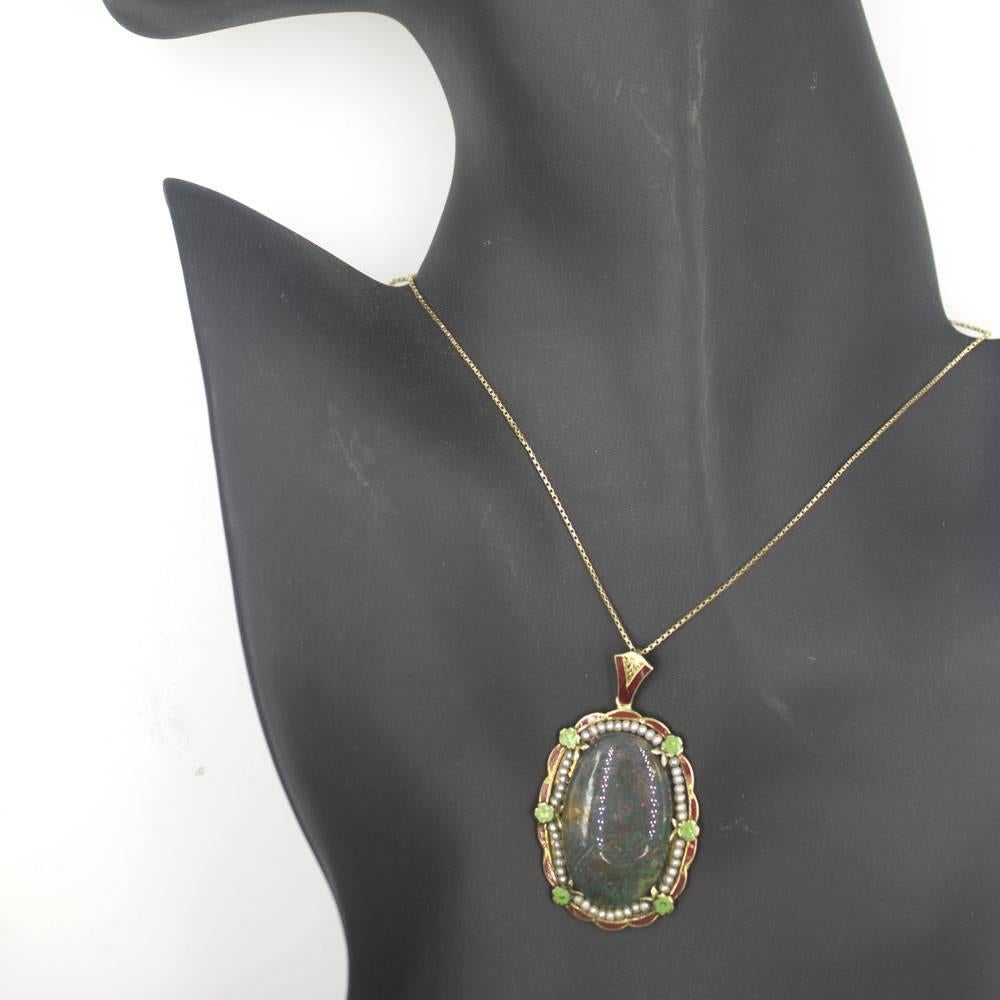 Antique Bloodstone Seed Pearl Enamel Gold Pendant Necklace 3