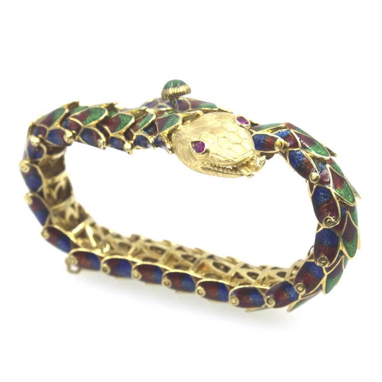 Vintage Enamel 18 Karat Yellow Gold Snake Bracelet at 1stDibs white