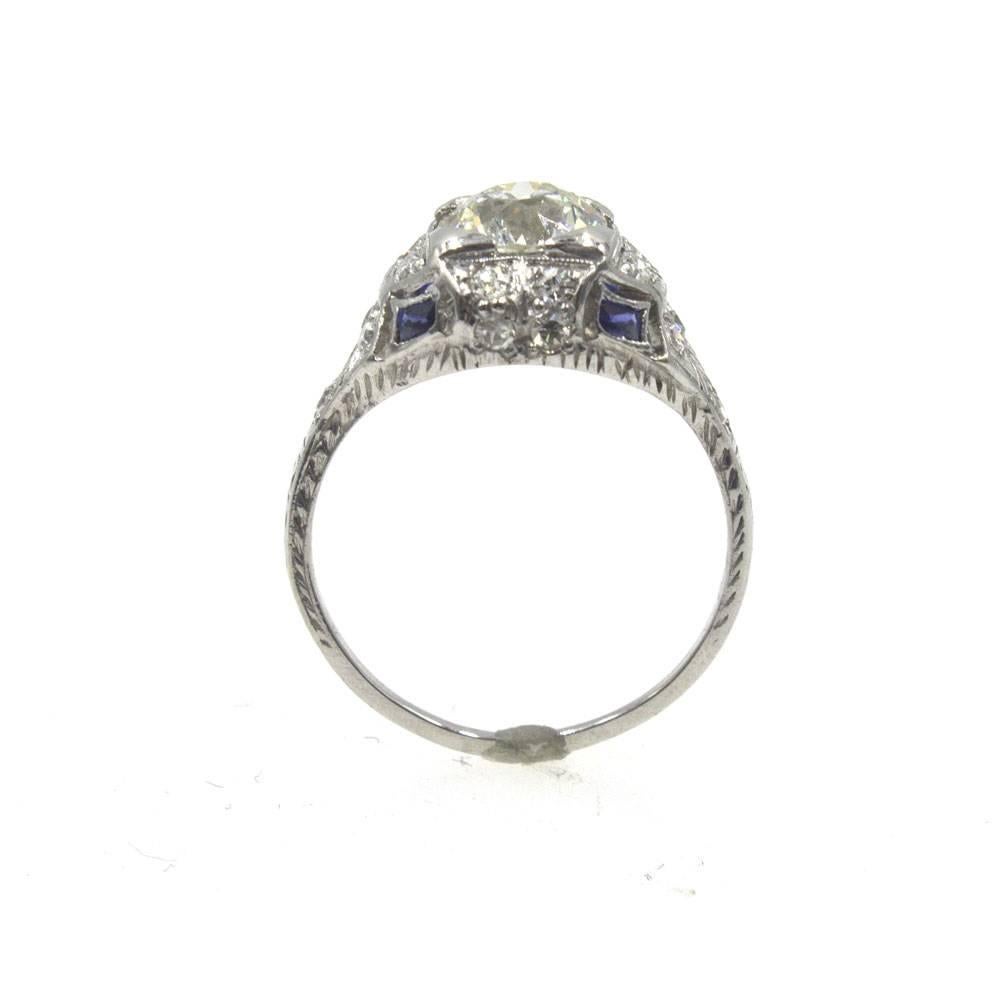 Old European Cut Art Deco Diamond Sapphire Platinum Engagement Ring
