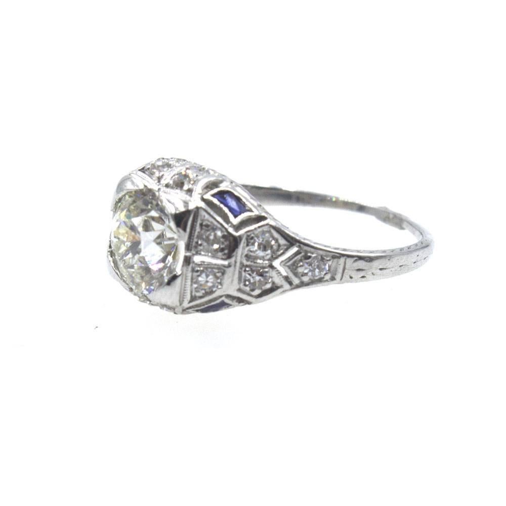 Art Deco Diamond Sapphire Platinum Engagement Ring In Excellent Condition In Boca Raton, FL