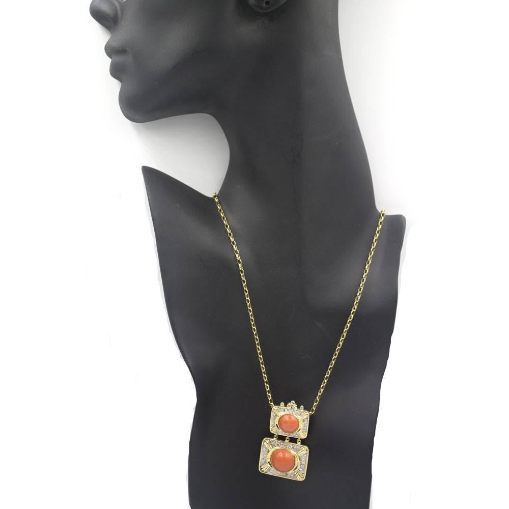 Women's Diamond Coral Drop Gold Pendant Necklace