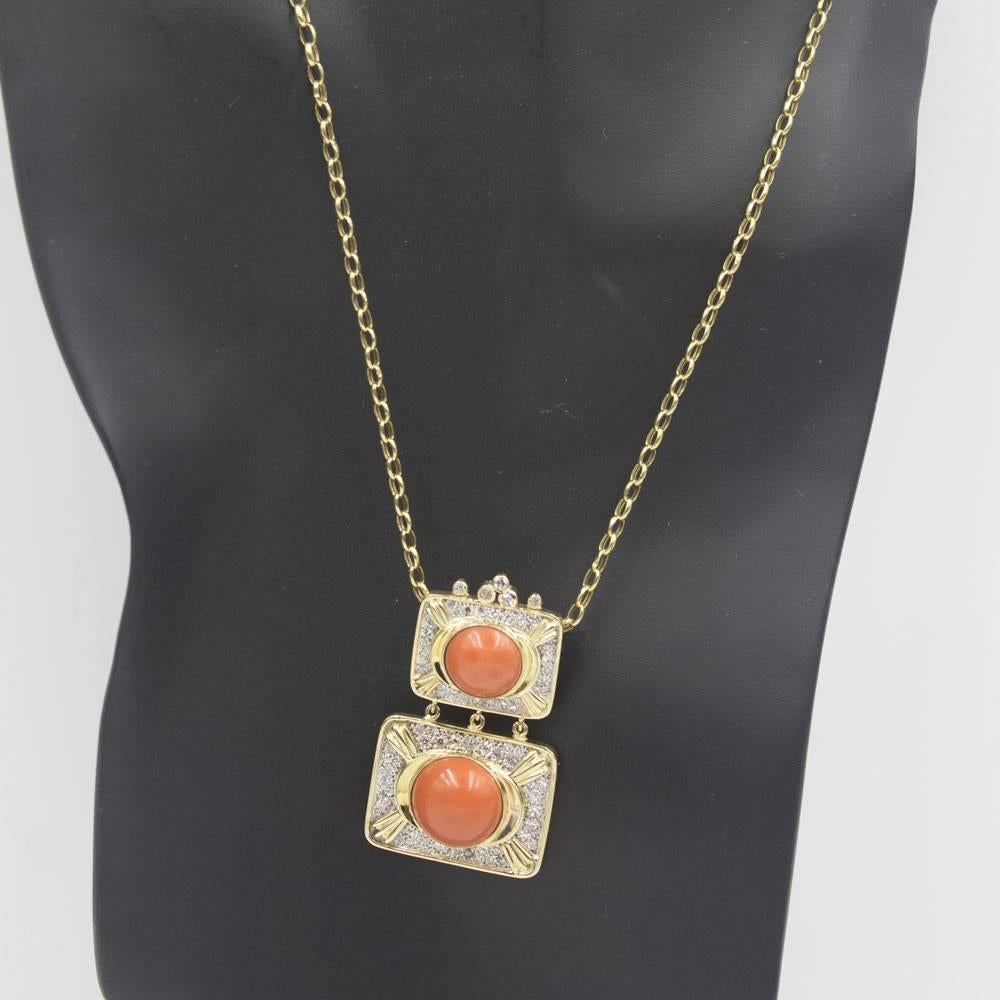 Diamond Coral Drop Gold Pendant Necklace 1