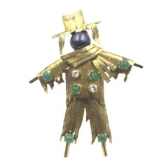 Scarecrow Diamond Emerald Black Pearl Gold Brooch Pin