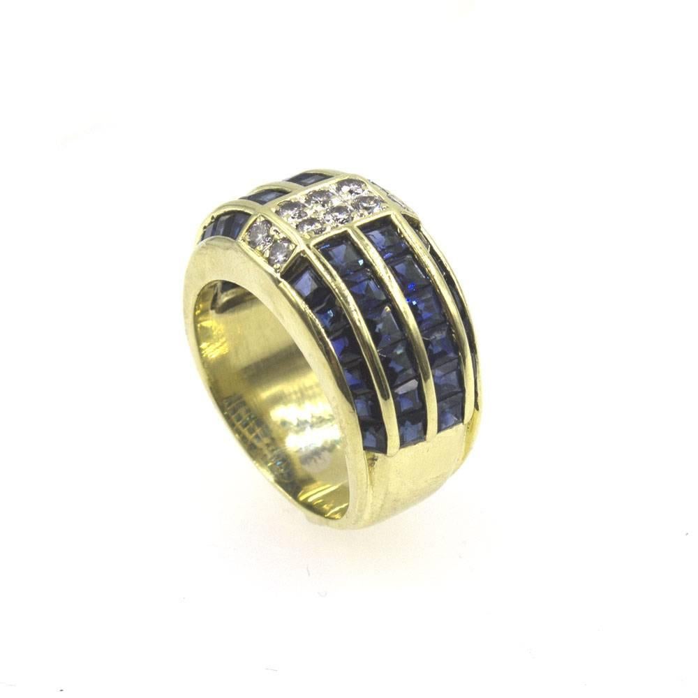 Modern Blue Sapphire Diamond 18 Karat Yellow Gold Wide Band Ring