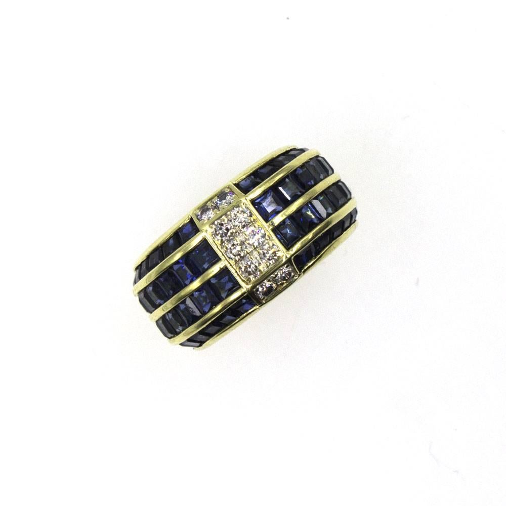 Blue Sapphire Diamond 18 Karat Yellow Gold Wide Band Ring In Excellent Condition In Boca Raton, FL