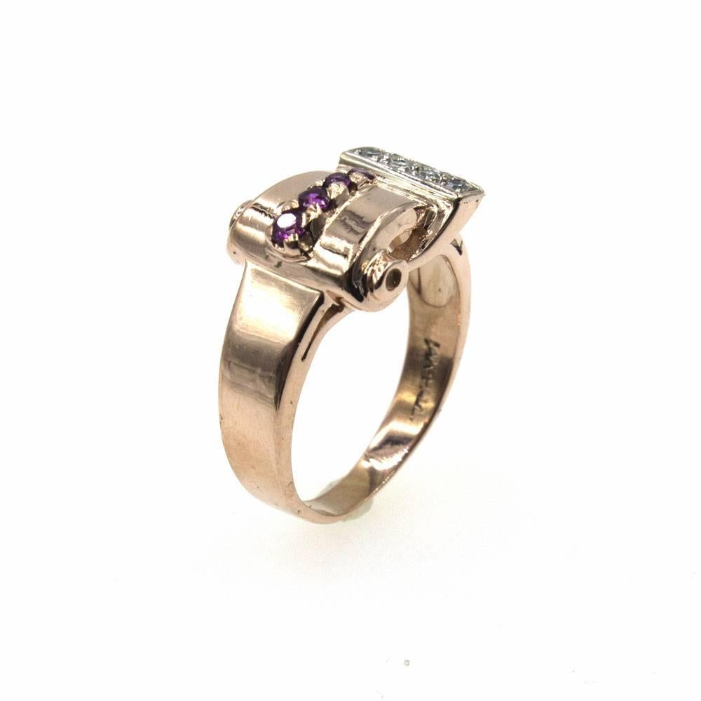 Retro Rose Gold Diamond Ruby Buckle Ring In Excellent Condition In Boca Raton, FL