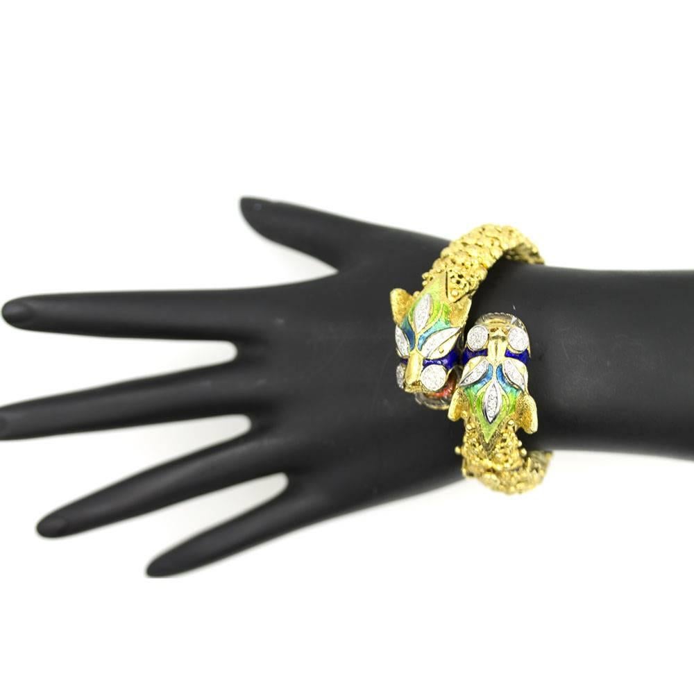 Women's Pave Diamond Enamel Double Serpent Head Bracelet