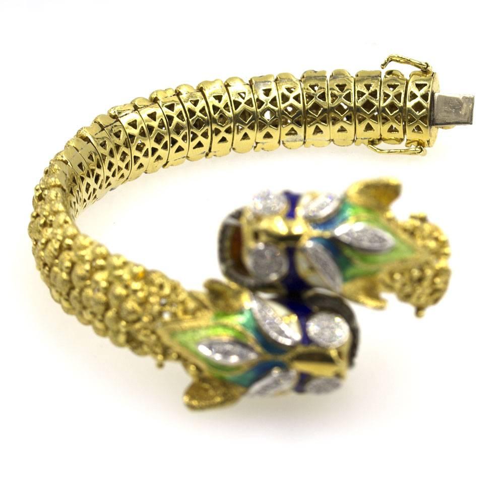 Pave Diamond Enamel Double Serpent Head Bracelet 2