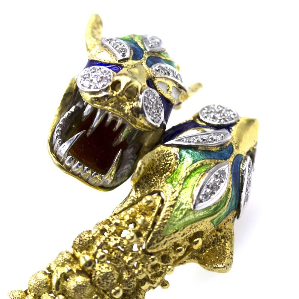 Pave Diamond Enamel Double Serpent Head Bracelet 3