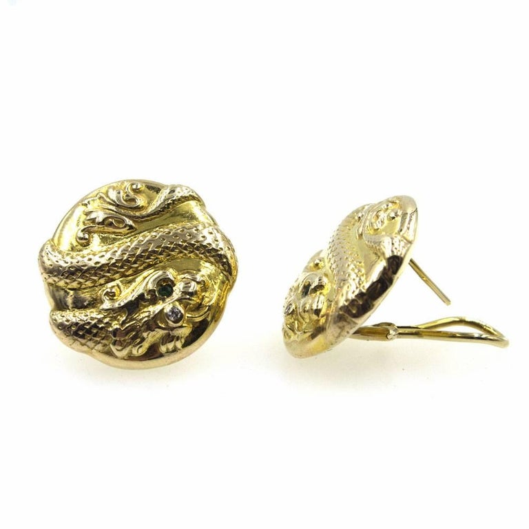 Textured Snake 14 Karat Yellow Gold Earrings For At 1stdibs Beautifully Crafted 14 Karat Yellow Gold Earrings Feature A Single Diamond And Emerald Accent The