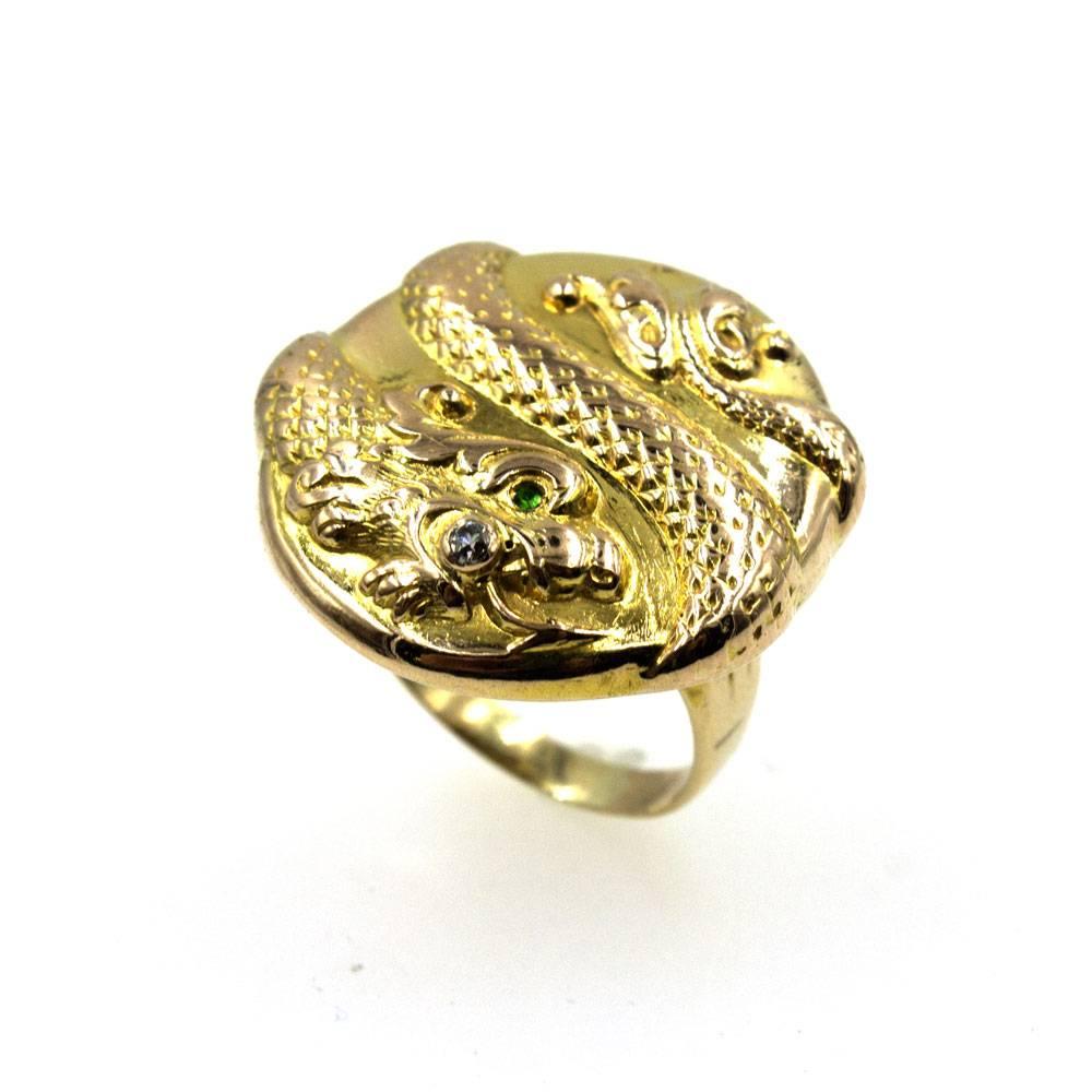 Modern Textured 14 Karat Yellow Gold Snake Ring Diamond Emerald Accent