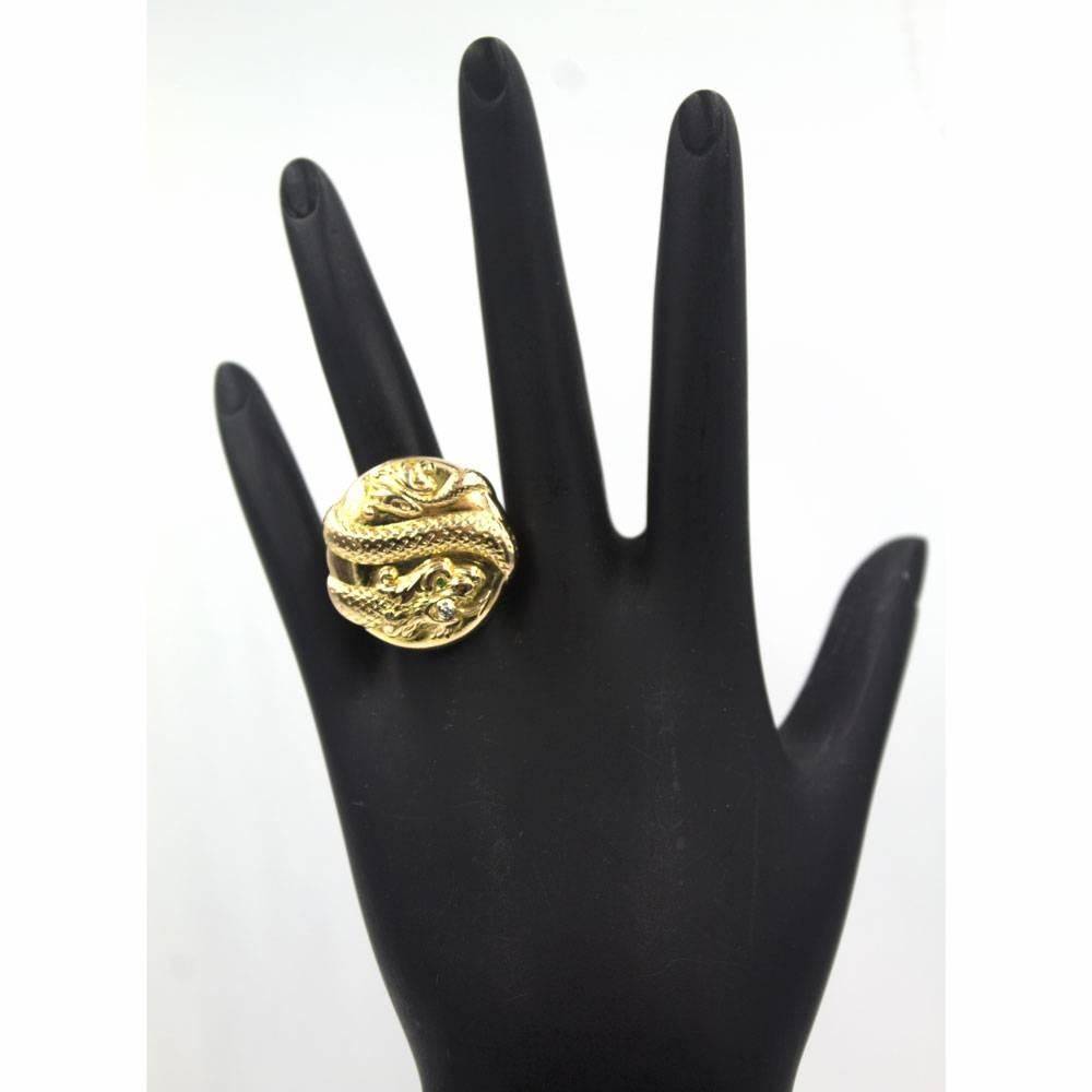 Women's or Men's Textured 14 Karat Yellow Gold Snake Ring Diamond Emerald Accent