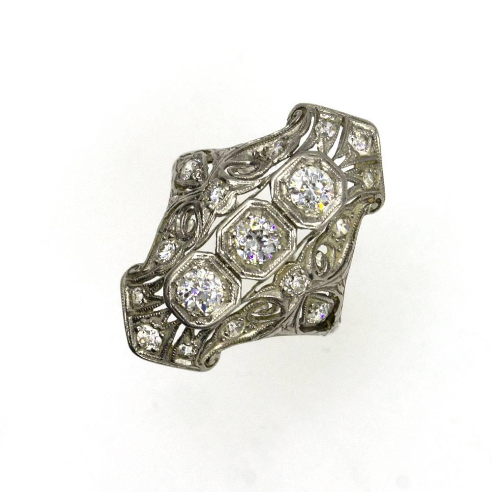 Art Deco Diamond Platinum Filigree Ring 1