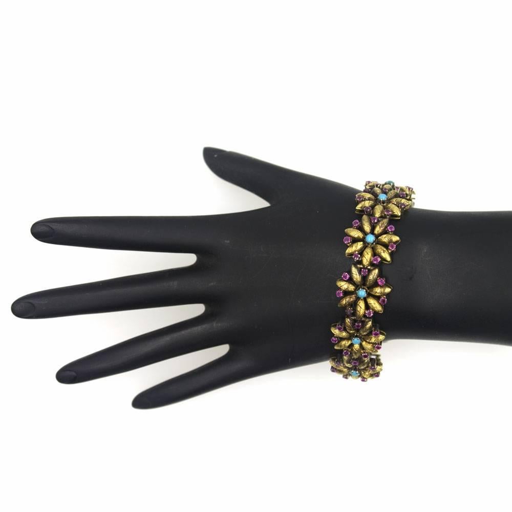 Women's Italian 18 Karat Yellow Gold Turquoise Ruby Floral Link Bracelet