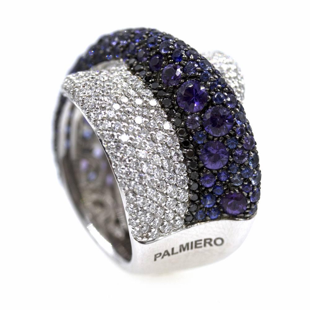 Palmiero Diamond Sapphire Crossover 18 Karat White Gold Ring In Excellent Condition In Boca Raton, FL