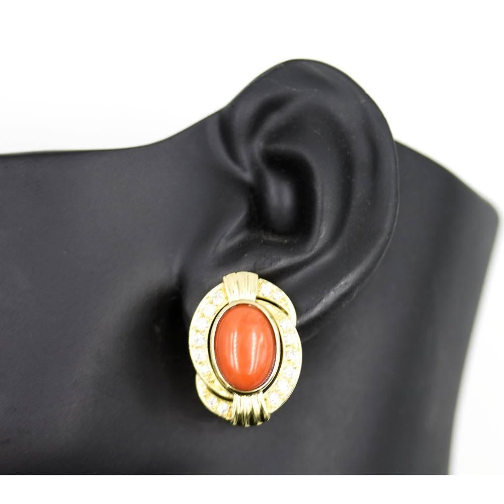 Modern Diamond Coral 18 Karat Yellow Gold Earrings