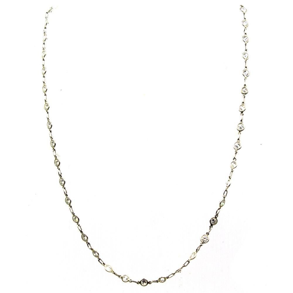 Beautiful platinum diamond by the yard necklace can be worn alone or layered. The necklace features 45 round brilliant cut diamonds that equal 4.50 carat total weight. 