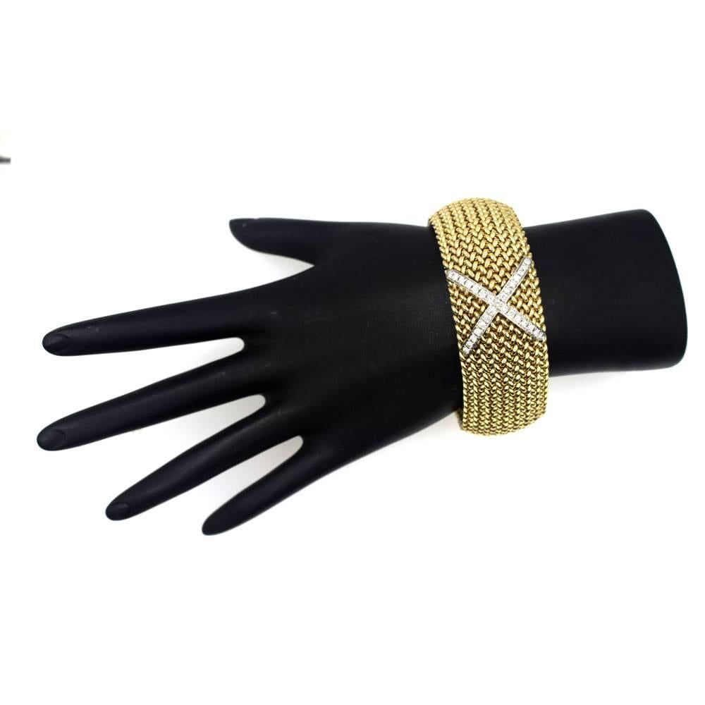 Modern Diamond X Wide Textured 14 Karat Yellow Gold Soft Bangle Bracelet