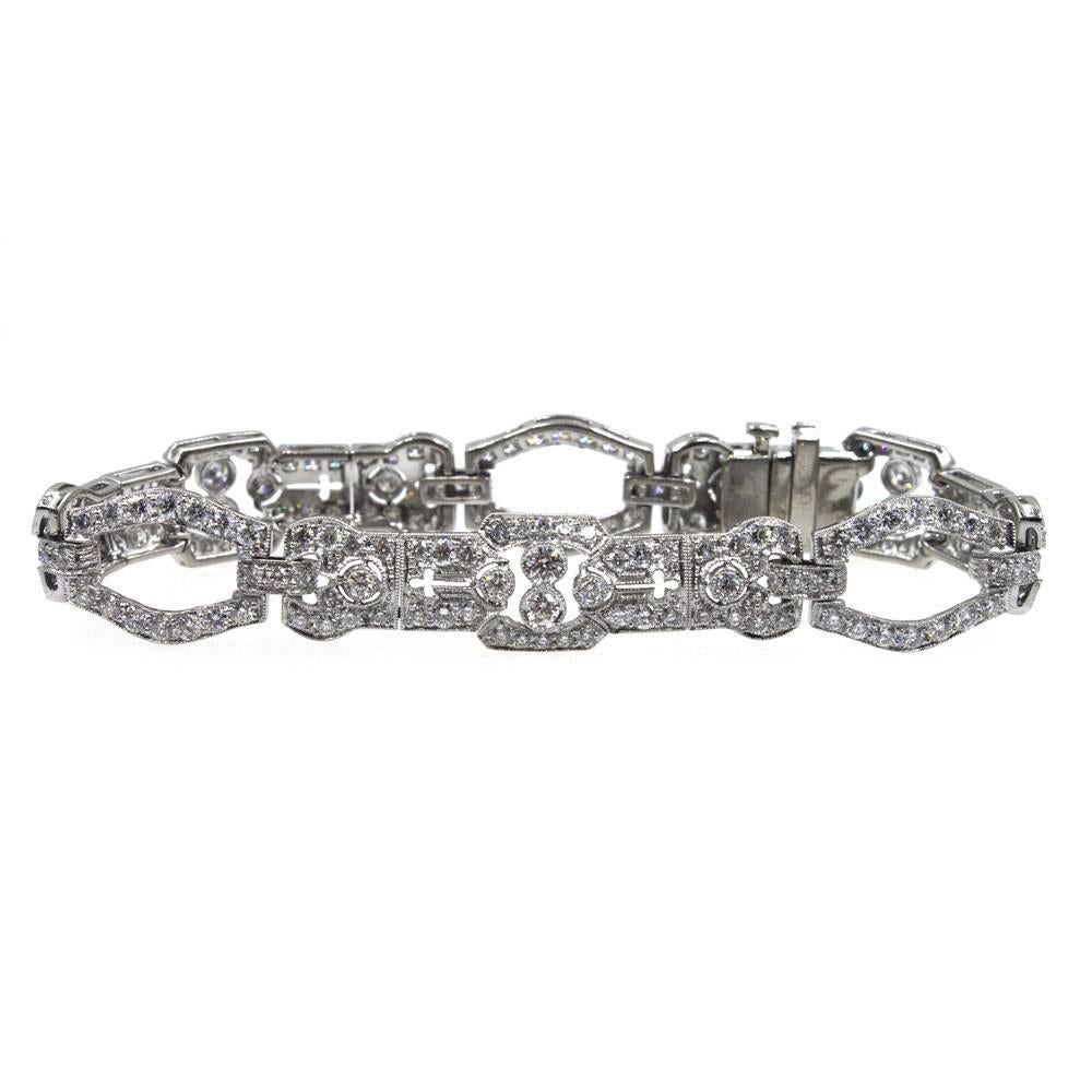 5.50 Carat Round Brilliant Diamond Deco Style Platinum Link Bracelet In Excellent Condition In Boca Raton, FL